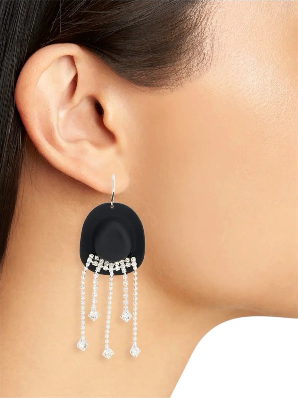 Cowboy Hat Crystal Rhinestone Fringe Dangle Earrings - Picture 3 of 7